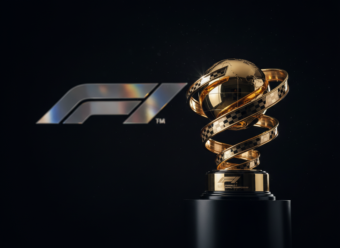 A gleaming Formula 1 World Championship trophy, golden and iconic, photographed dramatically with a dark background and studio lighting, showcasing the prestige and glory of motorsport's top prize
